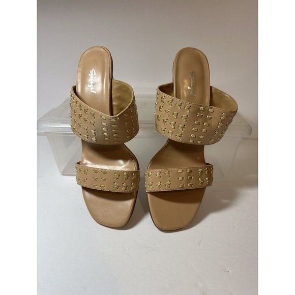Spiegel Tan Gold Dual Strap Heeled Mules Size 8B Faux Leather ECU - Picture 3 of 6